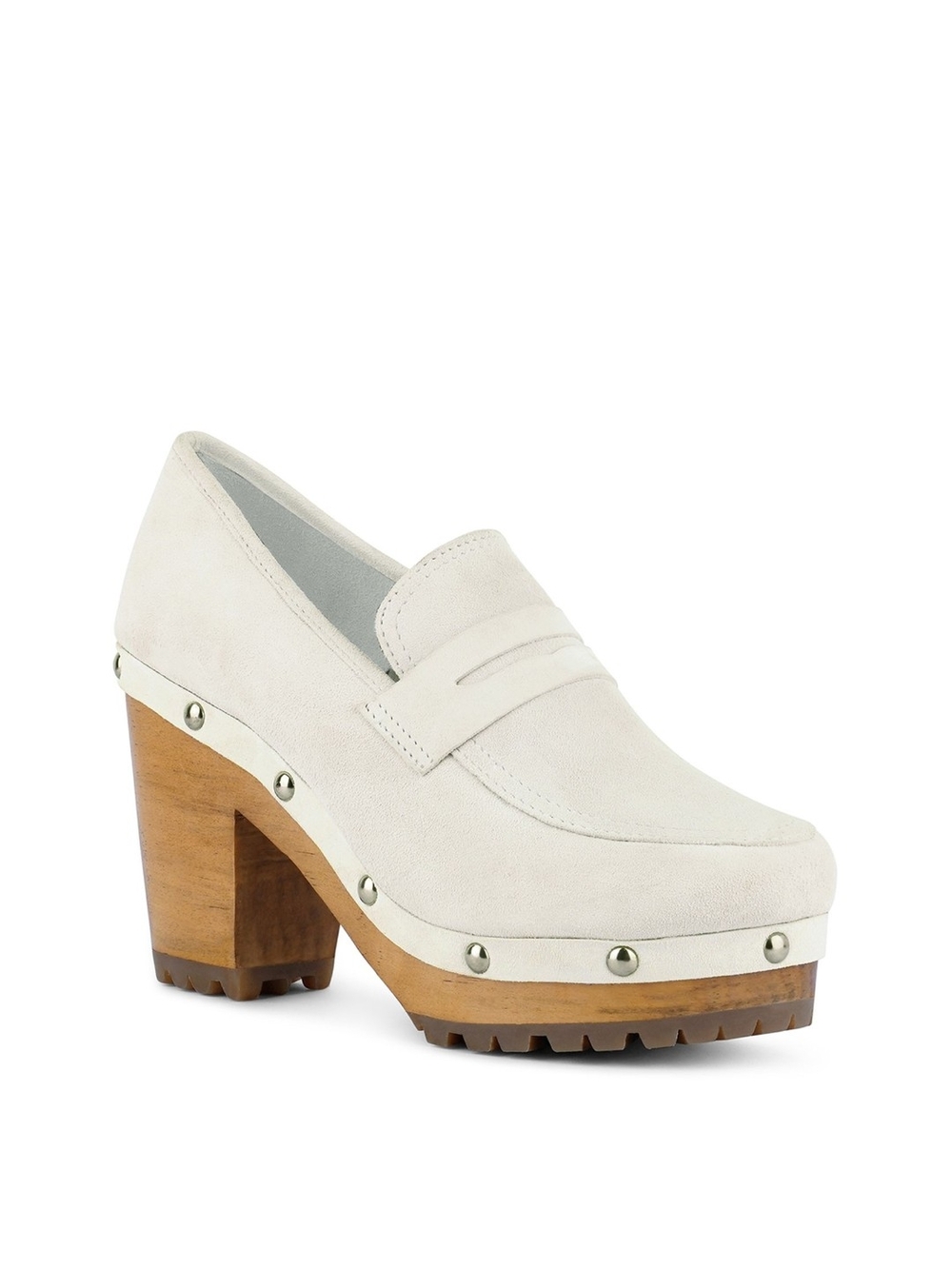 Cream Suede Platform Clog Loafer with Stud Trim